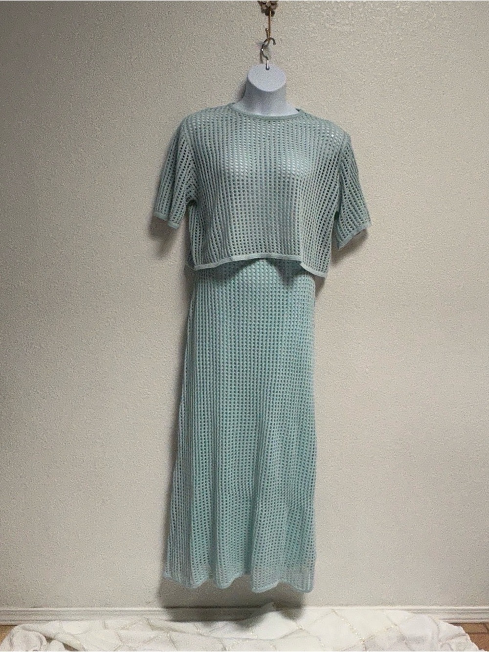 Petal & Pup Light Blue Open-Weave Crew Neck Sweater with matching skirt